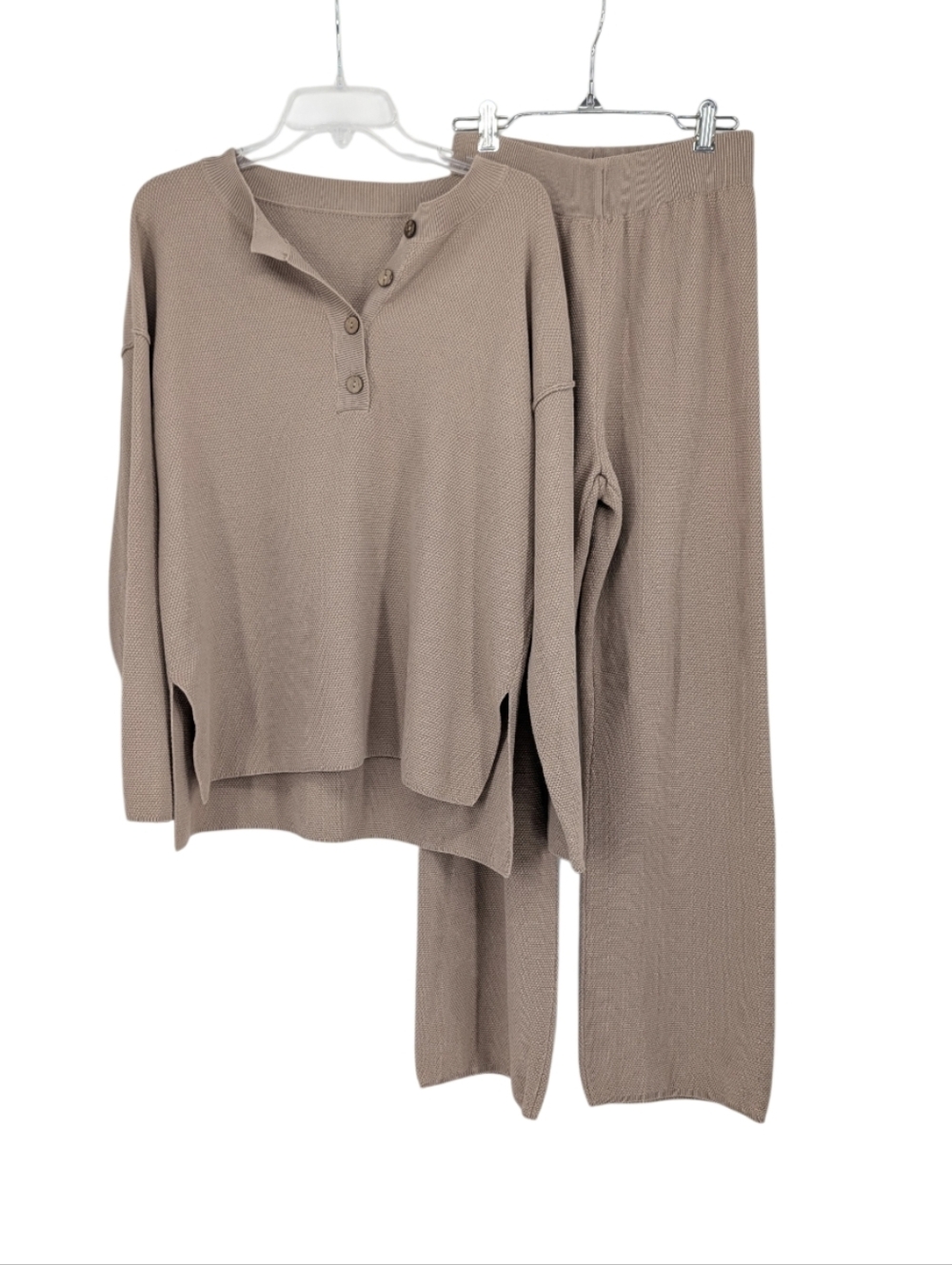 Cozy Two-Piece Knit Lounge Set Taupe Size Medium Wide Leg Oversized